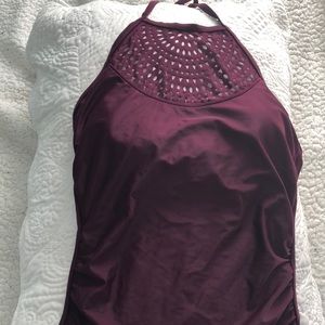 one piece maroon halter neck bathing suit